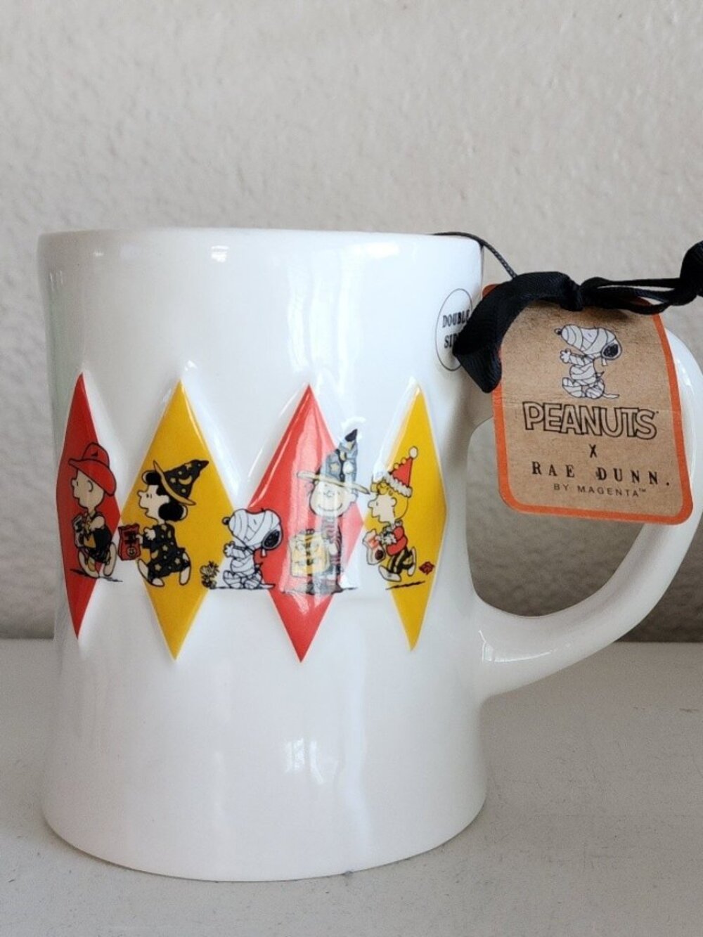 Rae Dunn Peanuts SNOOPY Woodstock Coffee Mug HALLOWEEN Trick Treat Double Sided